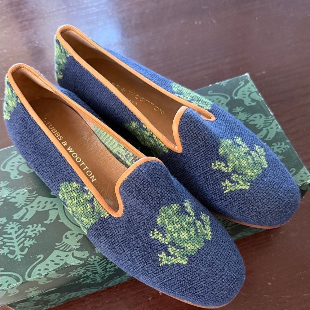 New Stubbs & Wootton Navy and Lime Frog Loafers 8